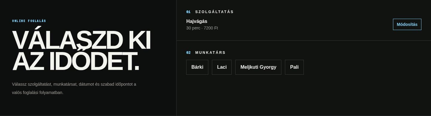 Idora foglalási folyamat szolgáltatás- és munkatársválasztással